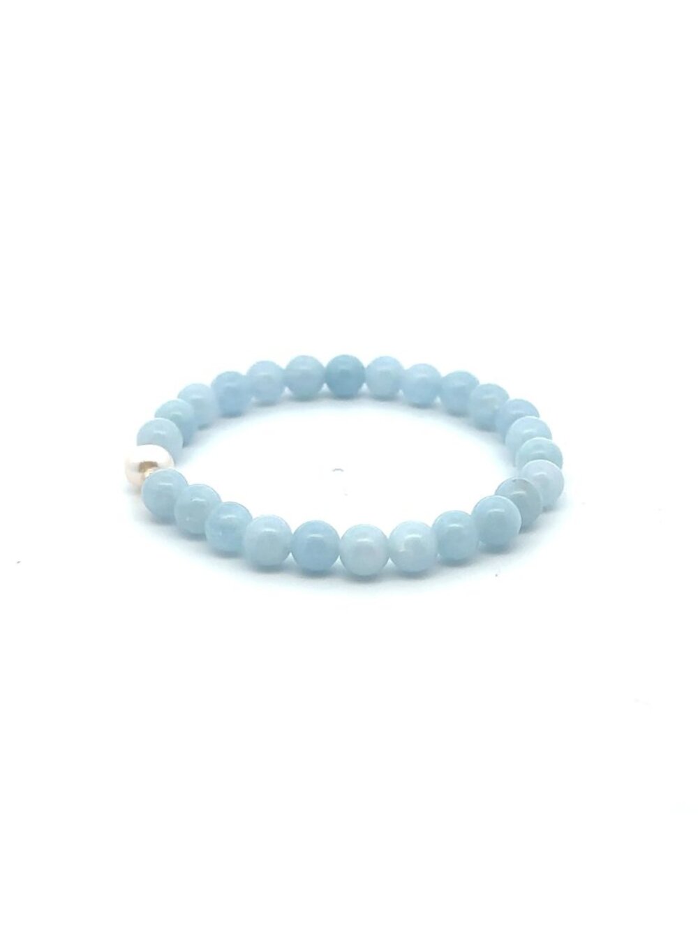 14K Solid Gold Tiny Beads Freshwater Pearl Aquamarine Stretch Gemstone Birthston - Picture 2 of 5